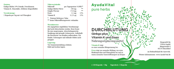 Durchblutung Ginkgo plus Vitamin K* und Eisen* - Pure Herbs - Image 2